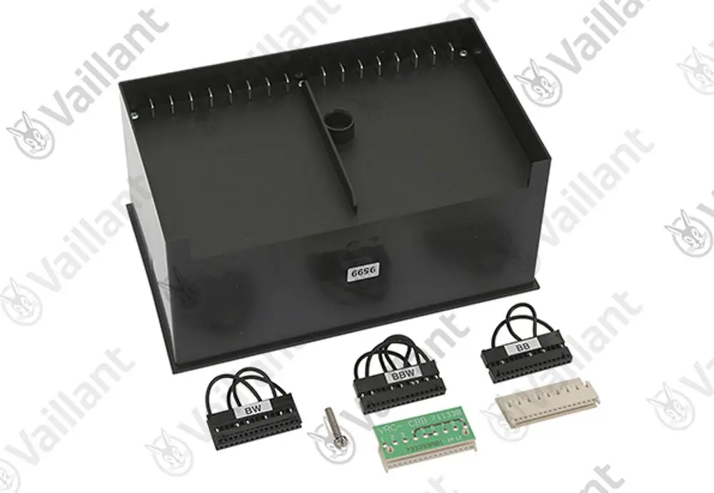 Vaillant Adapter mit mehreren Anschlusskabeln, einem PCB und einer oberen Abdeckung, geeignet für spezifische Heizsysteme.